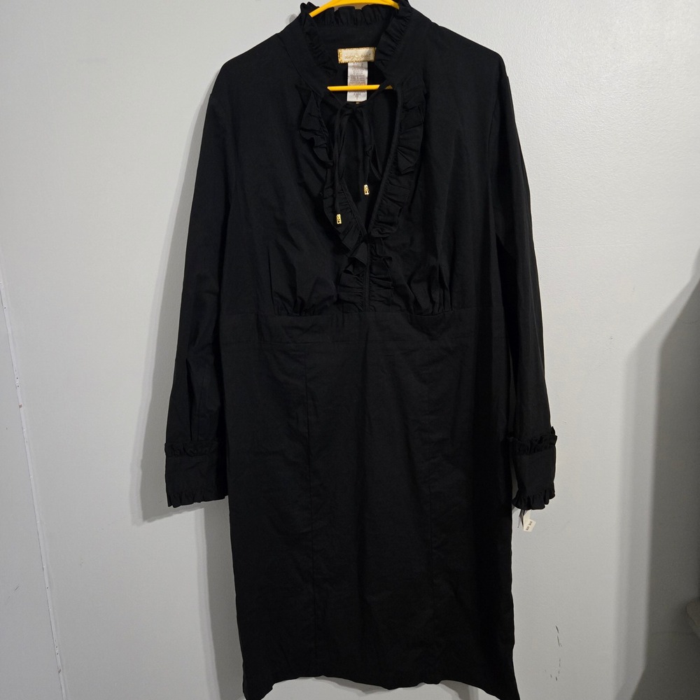 M#112 Baby Phat Dress Size 18 Black Long Sleeve Ruffle Collar Gold Accents